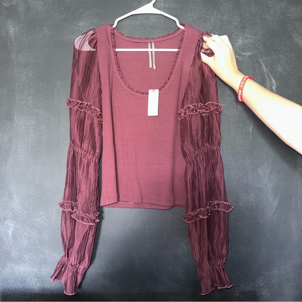 brand new small anthropologie maroon sheer long sleeve